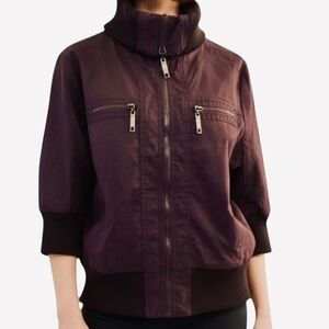 Miss Ashley Brown Bomber Jacket 3/4 Sleeve Zip Front Ribbed Neck Hem Sleeves